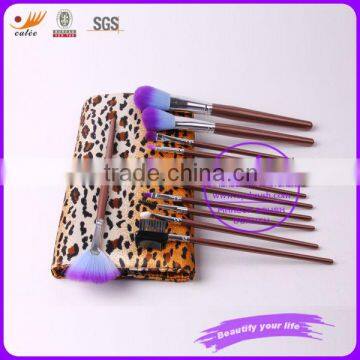 12pcs Real Hair Wood Handle Professional Cosmetic Brush Set with Leopard Wrinkled Pouch