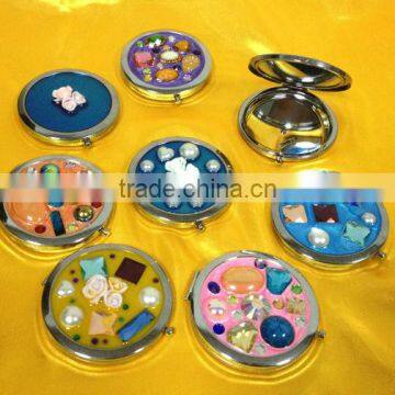 Metal folding round shape rhinestone pocket compact mirror make up mirror