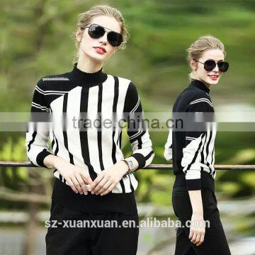 Latest design black and white stripe turtleneck sweater for women