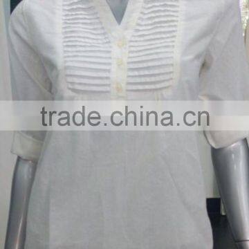 Ladies Button Down Shirts With Pintuck on Chest and Fold up Sleeve photo-2
