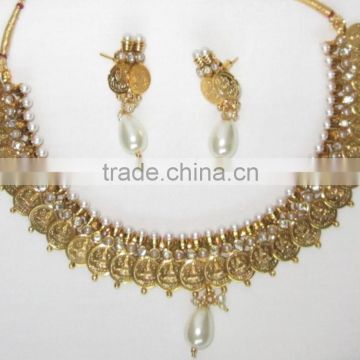 GOLD plated Goddess Laxmi COIN Pearl Bollywood necklace EARRING Set