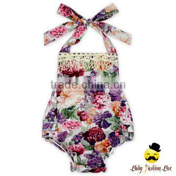 Summer Boutique 100%Cotton Bulk Flower Printed Halter Fringe Infant Newborn Baby Girl Floral Romper Clothes photo-4