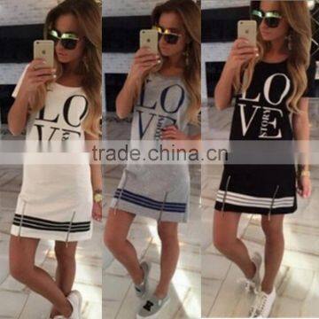 1PCS M-XL Women Love Letter Print O Neck Short Sleeve Zipper Long above Knee Straight Dress Summer Casual Dress Tops Blouse