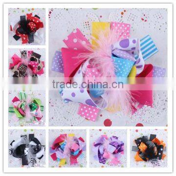 Multi ribbons with feather party bow feather hair clips Bowknot baby hair accessories headwrap hair ribbon headbands in stock