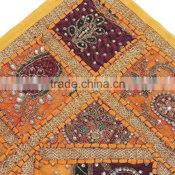 Yellow Sari Lounge Pillow Floor Sitting Kundan Colorful Handicraft Cushion 26in photo-5