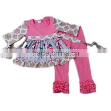 Popular Style Spring Autumn Long Sleeve Baby Girls Boutique Outfits Pink Birds Print 2PCS Ruffle Tutu Dress Pants Clothes Set