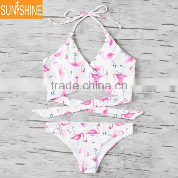 Crossfit High Cut Swimwear Flamingo Vintage Printing Bandage Bikini