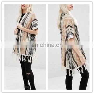 OEM Custom Brave Soul Printed cardigan Tassel Hem Knitted Women Kimono