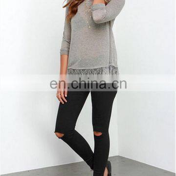Wholesale 2016 New Fashion Lace Blouse Designs Lady Long Sleeve Sexy Floral Print Grey Blouse photo-2