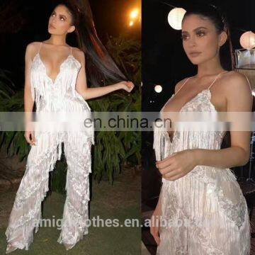 Amigo 2017 New Style White Dew Chest Tassel Strap Sexy Lace Long Bandage Jumpsuit for Women Party Wear photo-2