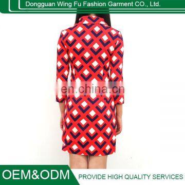 High end retro printing big lapels Knitted Cotton dress temperament Slim Casual Dresses