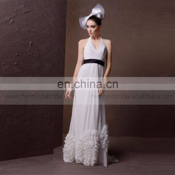 Comely hang neck A -line Bottom ruffle wedding dress with black sash