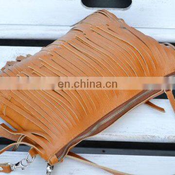 Leather Fringe Bag Zippered Clutch Bag