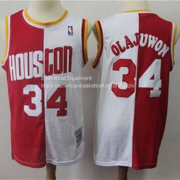 Houston Rockets #34 Оладжуон ретро белая и красная футболка