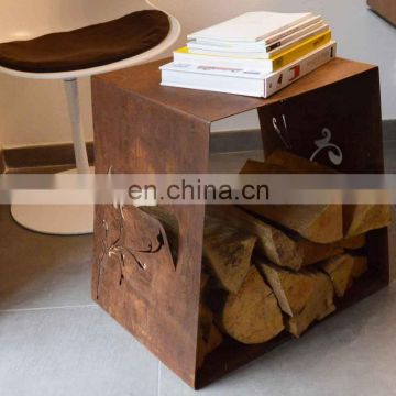 Indoor Laser Cut Corten Steel Log Store as wooden table & magazine rack