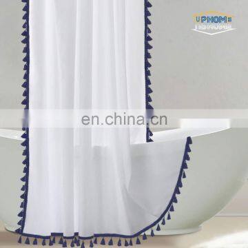 Waterproof Polyester Material Blue Pom Pom Tassel hotel Shower Curtain for Bathroom