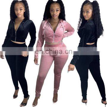 Women Fashion Front Zipper Autumn Winter Long Sleeve Crop Top Outfits Jacket Tracksuits Velvet Two Piece Sets photo-2