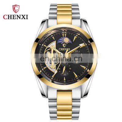 CHENXI 8801 Silver Gold Moonphase Automatic Mechanical Stainless Steel 24 Hour Display Business Watch