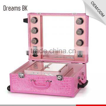 Fashional Design Pink Lighted Mirror Cosmetic Makeup Beauty Trolley Carring Case photo-3