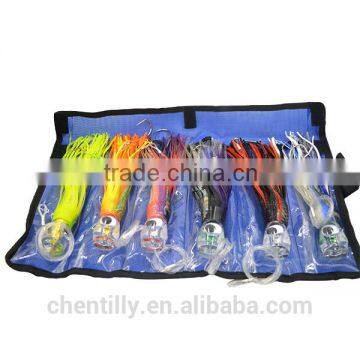 SET of 6 Pusher style Marlin / Tuna Mahi Dolphin Durado Wahoo Trolling Lures. Rigged and bag included tuna