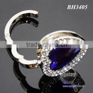 Blue Heart Crystal Rhinestones Fashion Lady Woman Hnadbag Hook Holder Foldable Alloy Metal Heart Bag Hanger photo-3