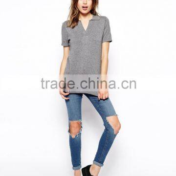 Women No Button Polo Shirt Design V-Shaped Neckline With Polo Collar Double Mercerized Cotton Polo Shirt In Knit