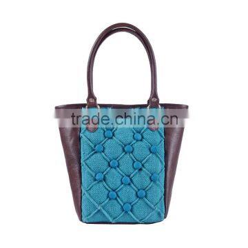 Natural Fibres Tufted Designer Blue Tote Bag