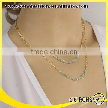 blue crystal beads simple sexy gold plated necklace