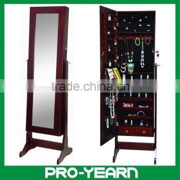 Floor Standing Wooden Furniture Chinese Mirrored Jewelry Cabinet with Little Drawers and Door Lock