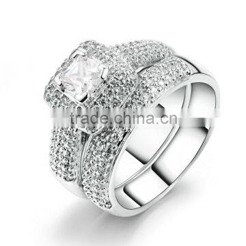 Luxury Full Cluster Diamond Beads Pave Setting White Gold Zircon Stone Ring Set For Wedding