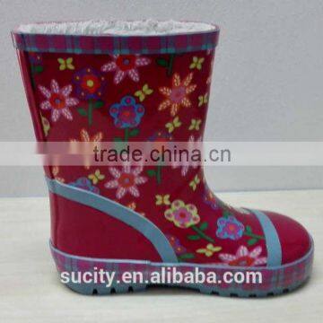 red kids warm rubber rain boots with fur lining and flower print