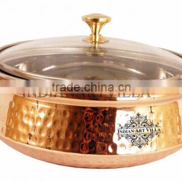 IndianArtVilla Handmade Steel Copper Casserole With Glass Lid 1250 ML - Serving Indian Food Home Hotel Restaurant Tableware Gift