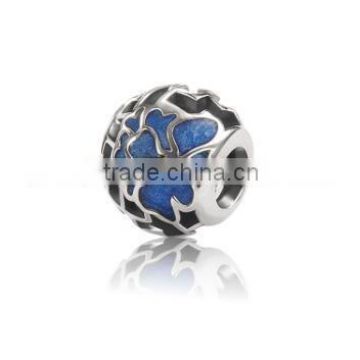 925 sterling silver threaded core blue and white porcelain Charm with Blue Enamel fit for european bracelets