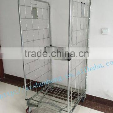 2-sided folding storage roll container transport trolley, cart