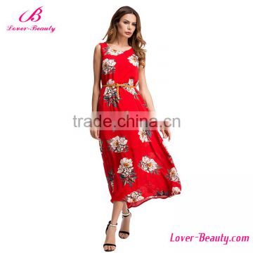 Red Long Flower Print Summer Lady Fashion Dress