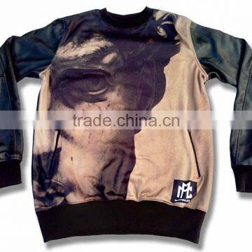 High Quality Sublimation printed sweat shirt with genuine leather sleeves