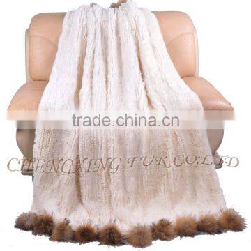 CX-D-108 Hand Knitted Super Cream Real Rex Rabbit Fur Throw Blanket photo-4
