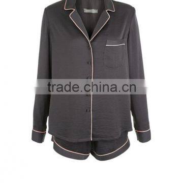 MGOO Women White Piping Pajamas Set Button Up Satin Pyjama Set Long Sleeve Top With Shorts Sleepwear photo-4