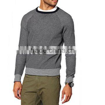 Raglan Long Sleeve Rib Knit Black Neckline Cotton Sweater Mens Striped Pullover photo-2