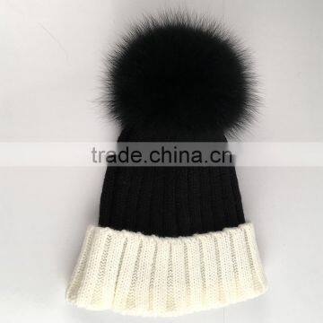 Myfur Classical Women Beanie Hat With Big Soft Real Fox Fur Pom Pom Knitting Cap