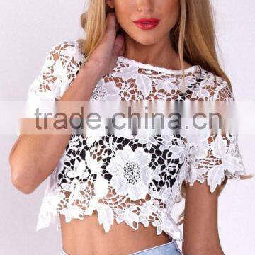 100% Polyester Short Sleeve Round Neck Crop Top,elegant Fashion Lace Top photo-3
