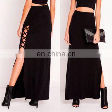 Long Side split Black maxi skirt with cross details