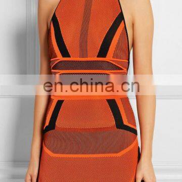 2017 Latest Orange Sleeveless Halter Backless Jacquard Weave Mini Bandage Dress for Birthday Party photo-5