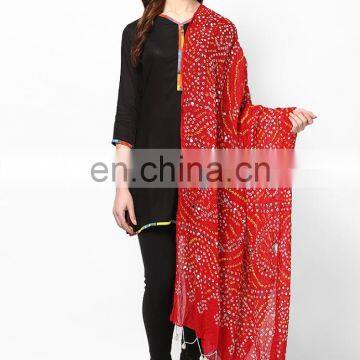 Beaded Bandhani Red Color Bandhej Rajasthani Indian Jaipuri Tradional Ethnic Stole Dupatta