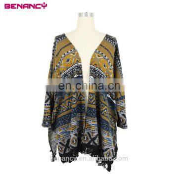 Ladies Brown Vintage Ikat Printed Front Open Kimono Cardigan With Tassel