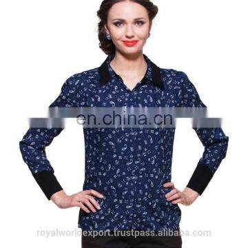 BLUE PRINTED SHIRT WITH CONTRAST COLLAR AND CUFF DESIGNER TOP LADIES NEW DESIGN FASHION TOP