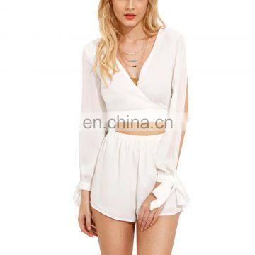 White Sexy V Neck Wrap Crop Jumpsuit Casual Elegant Playsuit Split Long Sleeve Jumpsuit photo-4