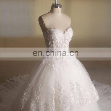 Princess Beautiful Sequin Flowers Tiered Long Train Wedding Dress Ball Gown Zhongshan