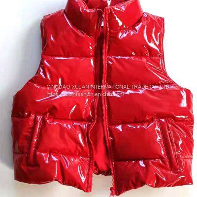 Ladies' Shiny Faux Eco Leather Down Cotton Padded Vest photo-2