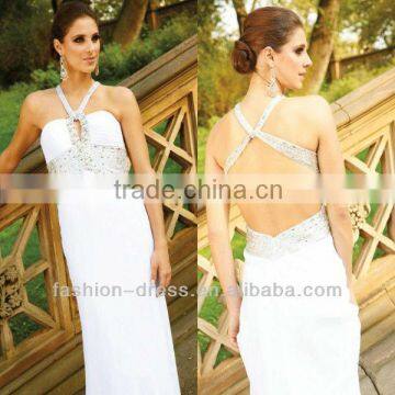 Elegant halter chiffon floor length white and silver evening dresses